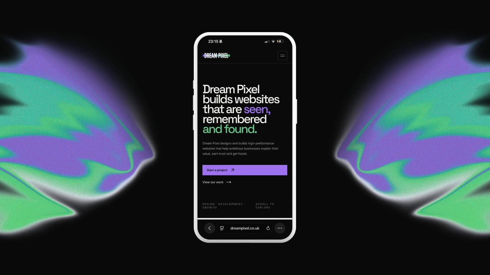 Dream Pixel website displayed on a smartphone between colourful abstract shapes
